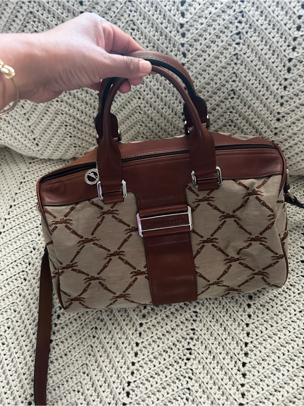 Longchamp Beige & Brown Monogram Top-Handle Satchel
